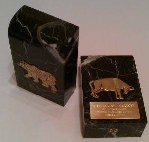 Bull/Bear Bookends - BB-R15B - Heavy marble financial bookends, bull and bear, engraving is on a glossy solid brass gold color plate.