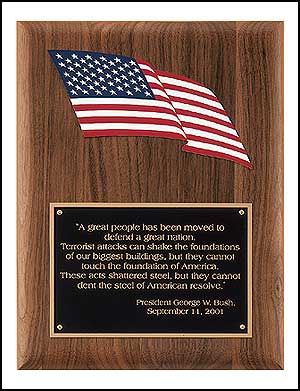 P3938 - Solid American walnut plaque with full color American flag.