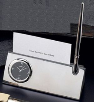 Silver Card & Pen Holder w/ Clock - AD144 - Engraveable card holder that comes with clock
